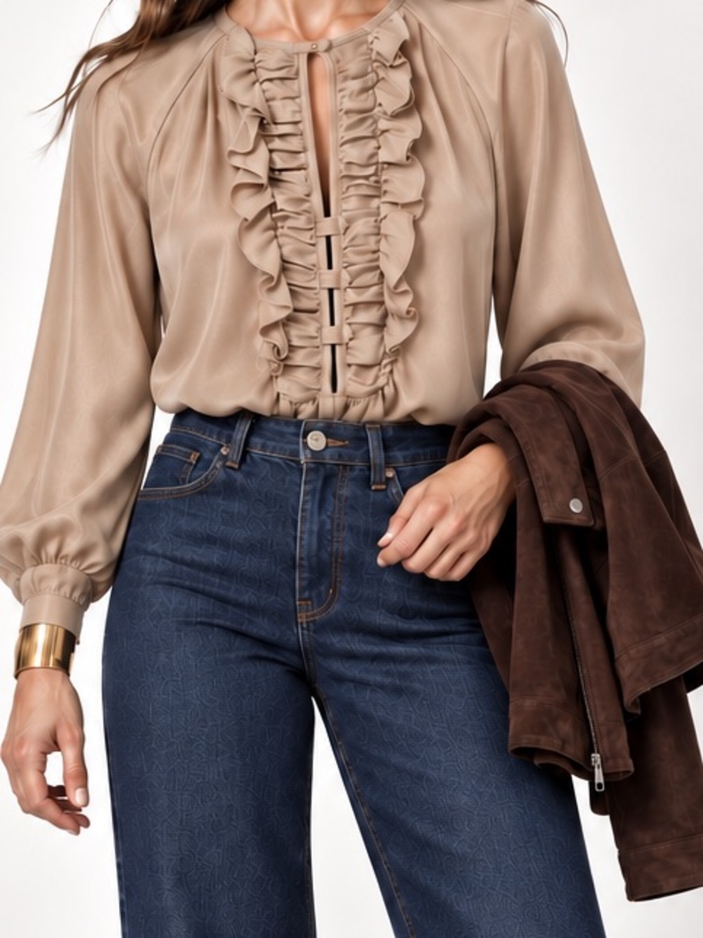 Nanette Lepore - gorgeous, flowing sheer gold blouse with ruffles, size 6